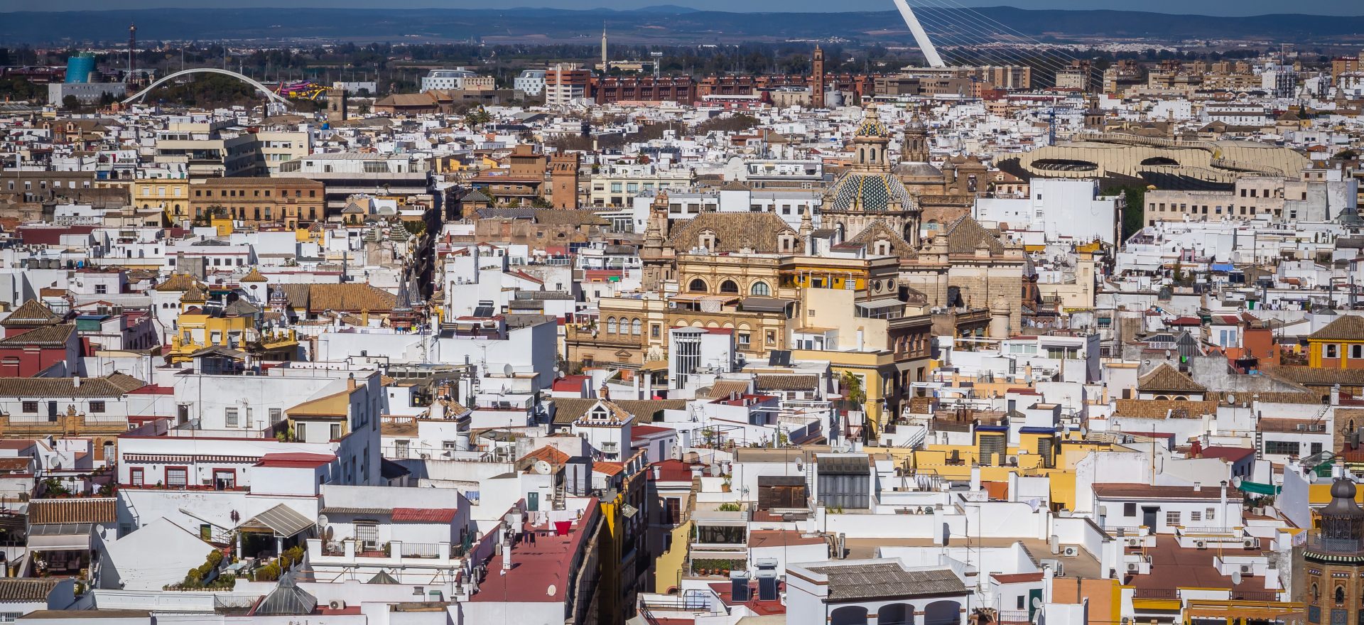 Aerial View of Spanish Tiled Roofs of Houes and Alamillo Bridge
