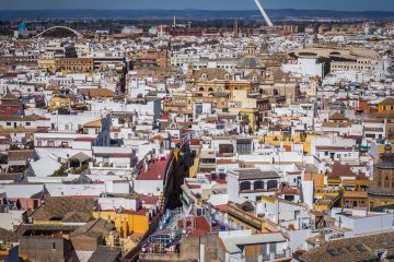 Aerial View of Spanish Tiled Roofs of Houes and Alamillo Bridge